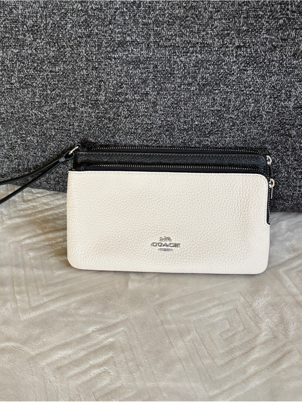 Coach Two-Tone Pebbled Leather Double Zip Wristlet in White and Black